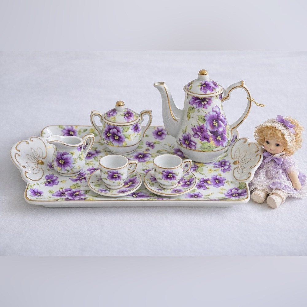 Vintage Mini Porcelain Tea Set w/ Tray Royal Elfreda ACE Gift Collection NIB